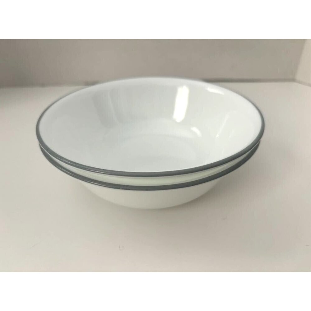 CORELLE MYSTIC GRAY Set Of 2 Cereal Soup Bowls White w/Gray Trim